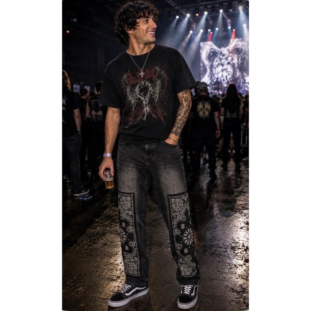Rebel Vengeance Jeans Mens 34 Black Wash Bandana Print Straight Skate Goth Y2K